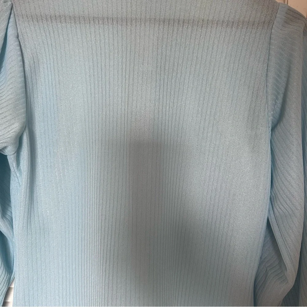 Vintage Blue Ribbed Mock Neck Puff Sleeve Top 70s 80s Retro Medium - Picture 3 of 11